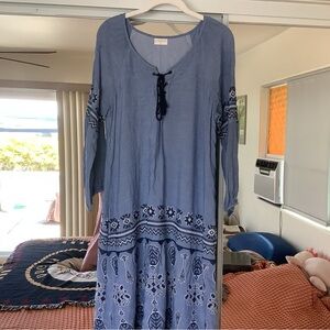 Long Sleeve Blue Embroidered Dress